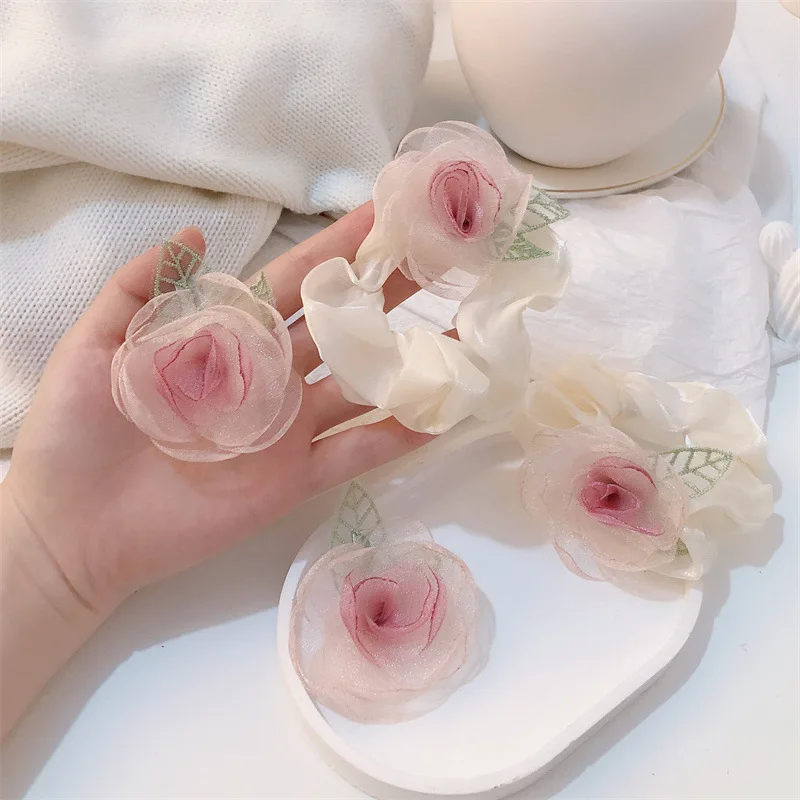 ربطات شعر أنيقة على الطراز الكوري للنساء على شكل ذيل حصان، أربطة شعر مرنة حلوة، أربطة شعر بناتي بنمط زهور لطيفة، أغطية رأس