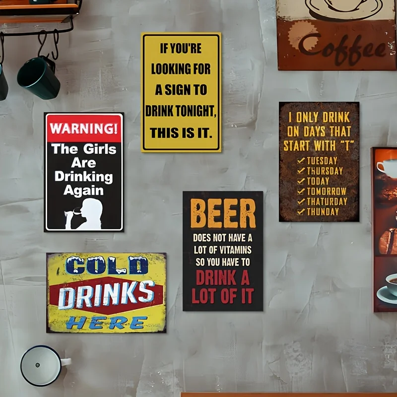 Vintage Funny Beer Drinking Quote Metal Tin Sign 8x12 in,5Pcs 2D Flat Cold Drinks Here Bar Pub Man Cave Retro Iron Plaque Wall D