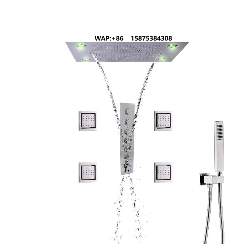 Polished Brass LED Shower Faucet Set with Thermostatic Spa Mist Rain System Soft Spray Pattern for Villa Apartment Hotel Chrome