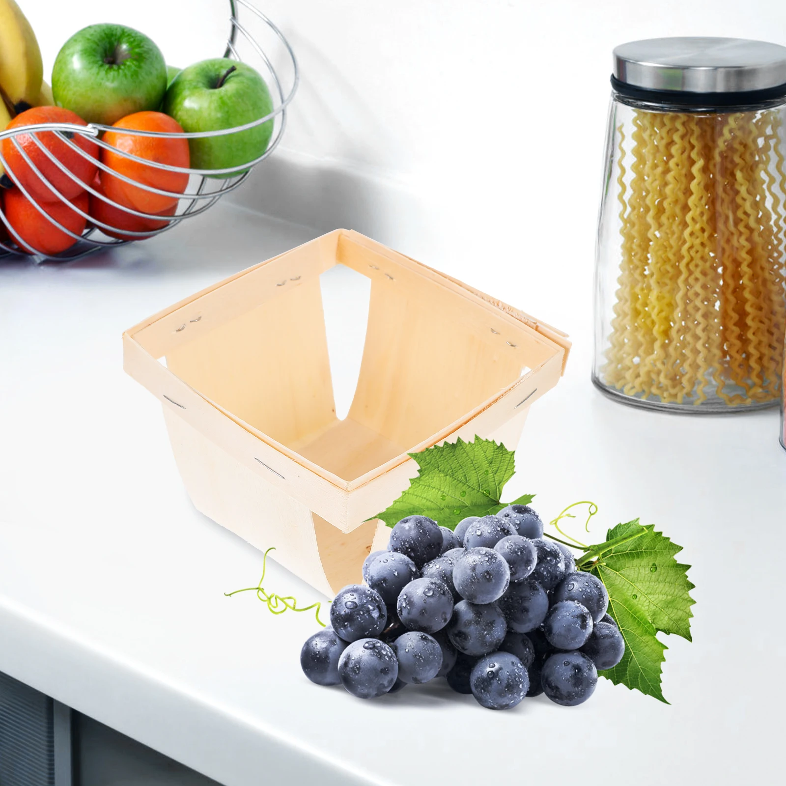 

4Pcs Wooden Storage Box Natural Wood Basket for Kitchen Fruit Vegetable Bread Serving Organizer Decorative Sundries Holder