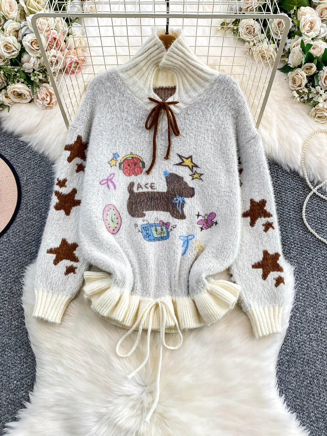 

Sweet Sle High Collar Embroidered Loose Women's Knitwear Floral Winter Sweater Faionable Casual Loose Fit Top