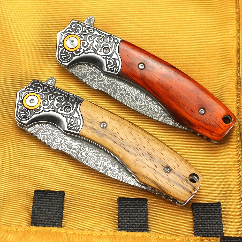 

Damascus steel tactical knife, a portable knife pocket defense tool with rosewood/zebra wood handle and clip