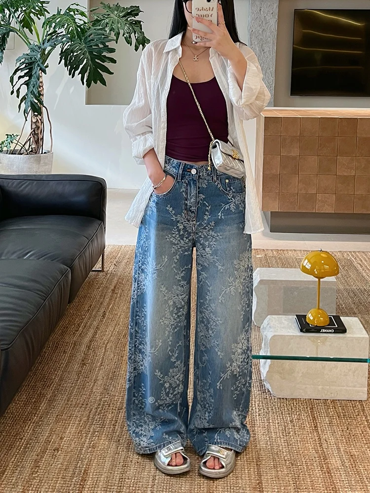 

High Waist Straight Leg Denim Jeans Women's Spring 2026 Laser Burnt Wide Leg Pants High Waist Embroidered Blue Floor-Length P...