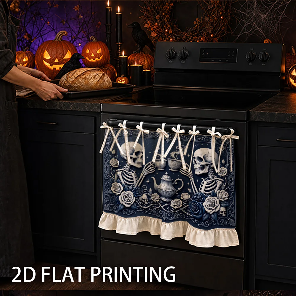1PC kitchen stove curtain, cabinet curtain, apron. Features a 2D graphic print design with a skull and rose motif. Can be used a