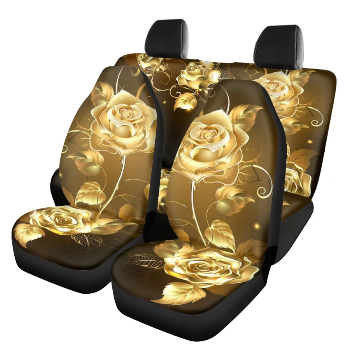 Landscape Flower Golden Rose Front Back Car Seat Covers Comfortable Auto Interior Seat Covers Easy Install Car Accessories