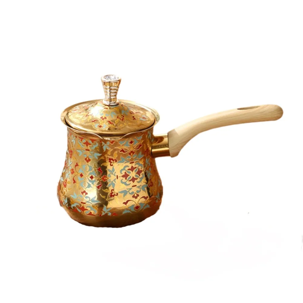 550ml Turkish Coffee Pot Stainless Steel Arabic Style Butter Melting Pot V Shape Diverter Port Long Wooden Handle Milk Tea Pot