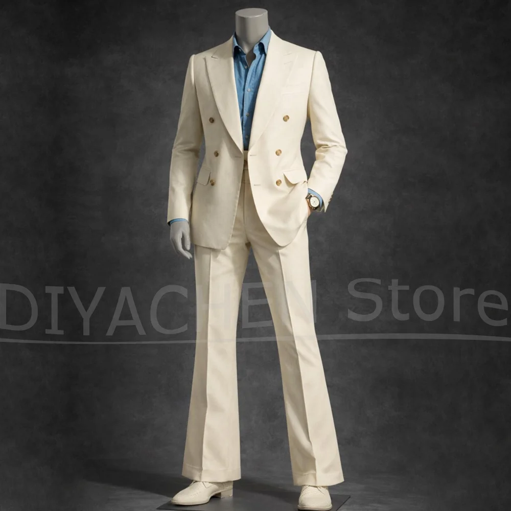 Luxury Mens Double Breasted Suit 2 Piece Peak Lapel Jacket Flared Trousers Beach Wedding Groom Formal Prom Party Costume Outfit