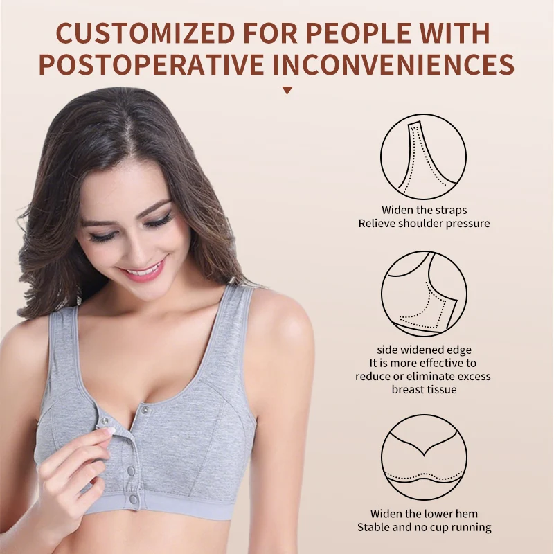 6031 Mastectomy Bra with Pockets Front Closure Cotton Plus Size Lingerie for Post Surgery Women Silicone Insert