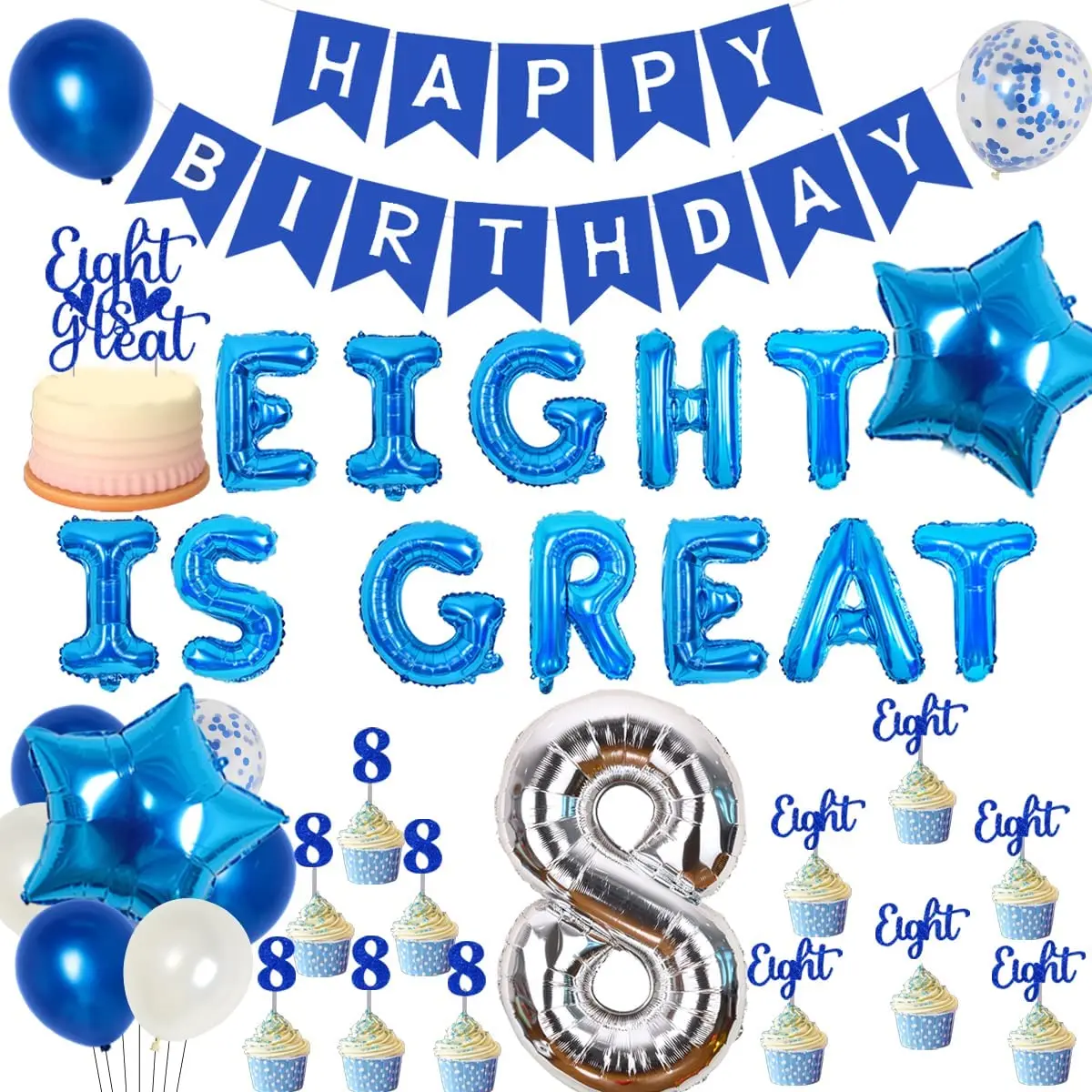 

Funmemoir Eight Is Great Royal Blue 8th Birthday Decorations for Boys Happy Birthday Banner Number 8 Foil Balloon Cake Toppers