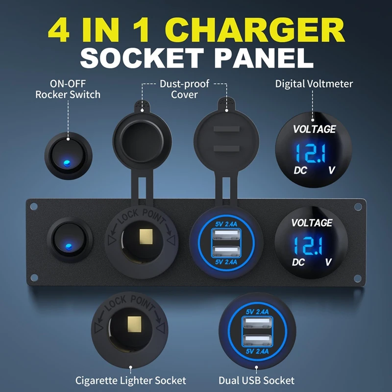 4 In 1 12V USB Panel+LED Voltmete &Dual USB Charger Socket Power&Cigarette Lighter Socket & Toogle Switch Panel