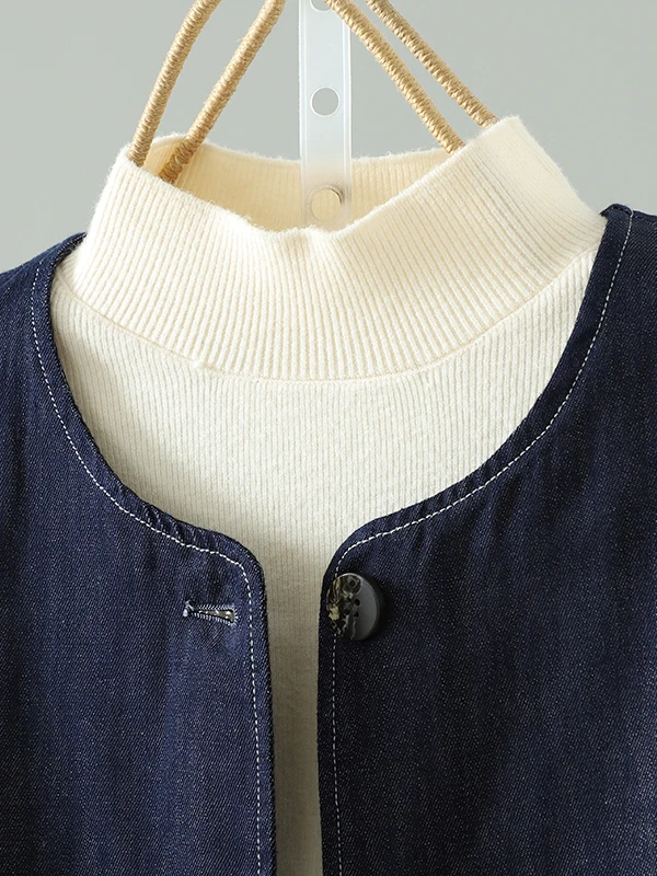 芸術的なポケットデザインのデニムベストジャケット、大きいサイズ、レディース、シングルボタン、ラウンドネック、ノースリーブ、肩パッド、秋ファッション