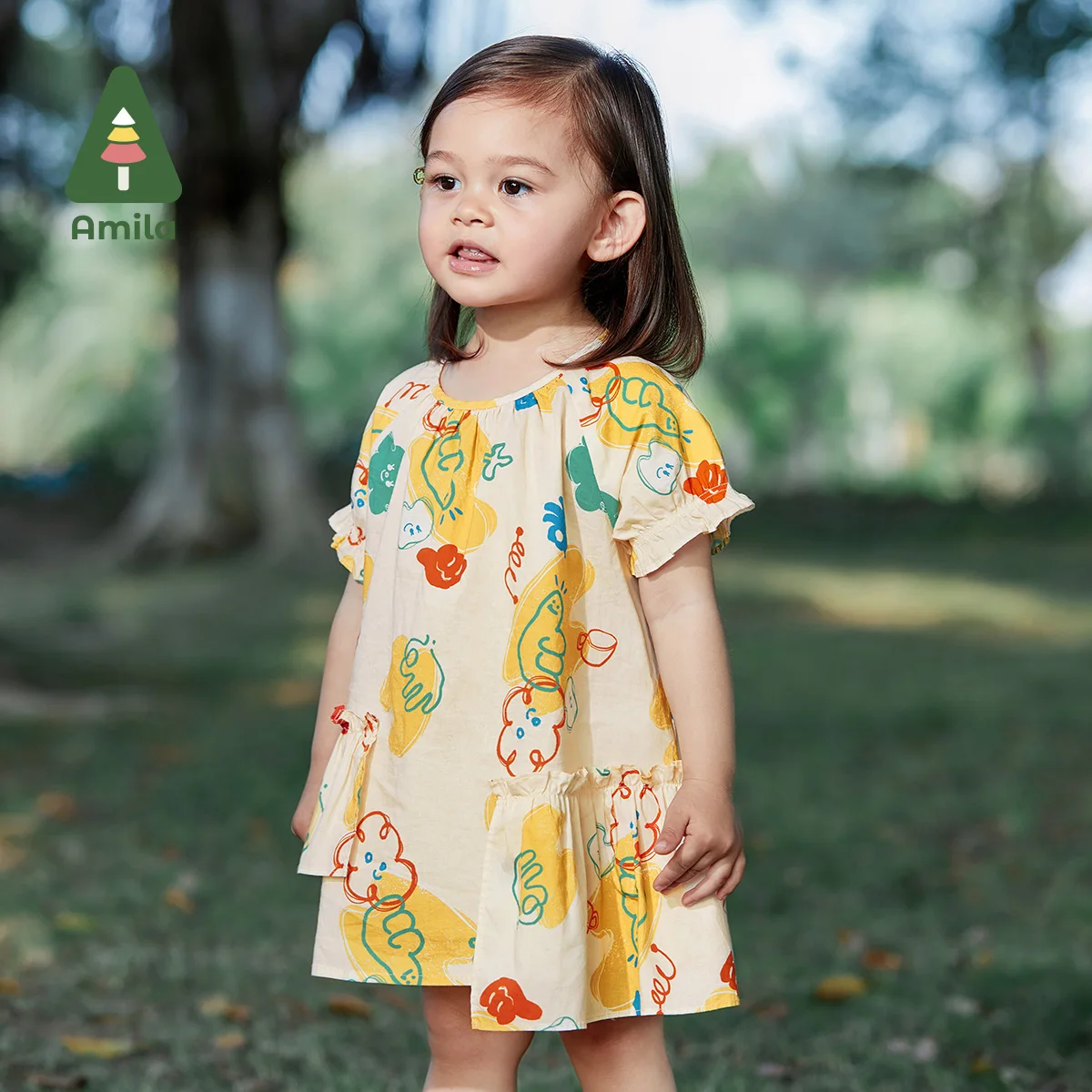 Amila Baby Girl Dress 2023 Summer New Full Print 100% Cotton Short Sleeve Dresses Kids Clothing  Breathable Thin Costume