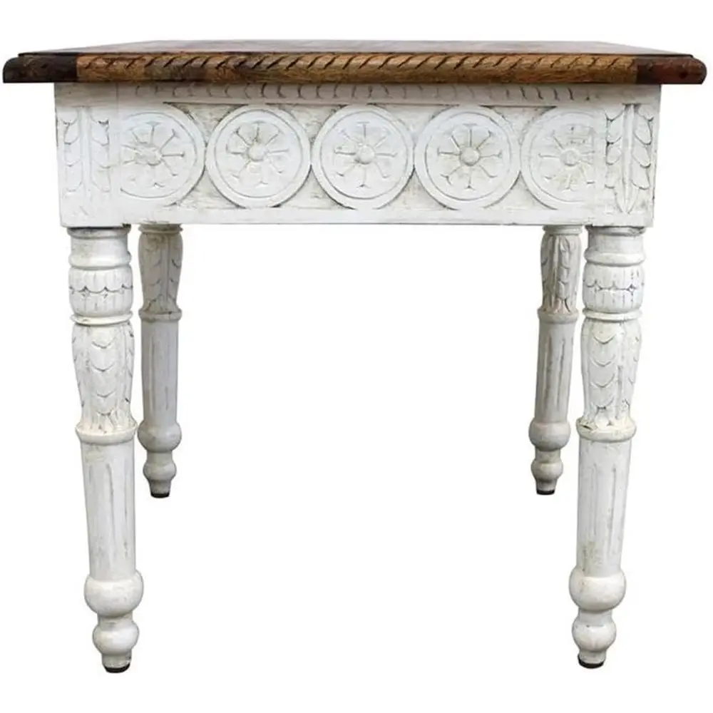 

Solid Wood Hand Carved End Table, 24 in x 24 in x 24 in, Brown Top, Ivory Base, loral Carving Design, Traditional Transitional S