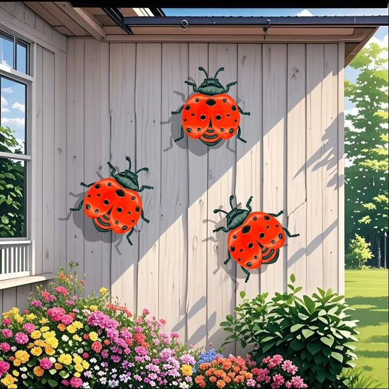 3pcs Metal Ladybug Wall Decor Wrought Iron Crafts Outdoor Garden Decoration