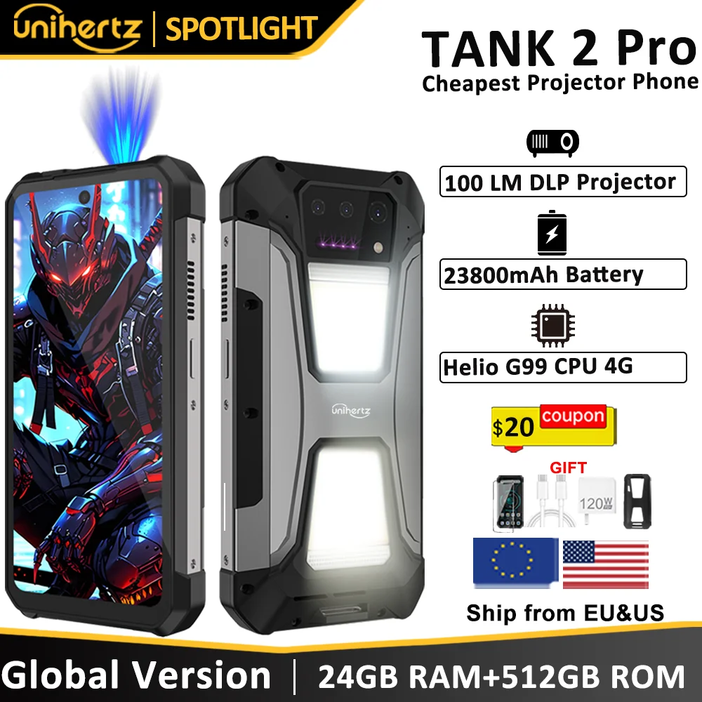 Unihertz tank 2 Pro 8849 rugged phone with projector, 100MP camera, 24GB 512GB, Android 14, 100MP, NFC, Helio G99, 23800mAh , 4G