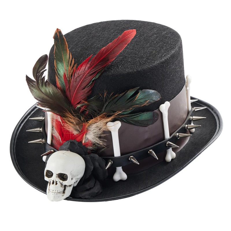 Steam Punk Hats Vintage Men Women Rivet Pu Leather Skull Feathers Hat Gothic Victorian Costumes F Halloween Costumes Accessories