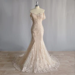 DIDEYTTAWL Champagne Off Shoulder Mermaid Wedding Dress Tulle Modern Lace Appliques Sleeveless Bridal Gown Sweep Train