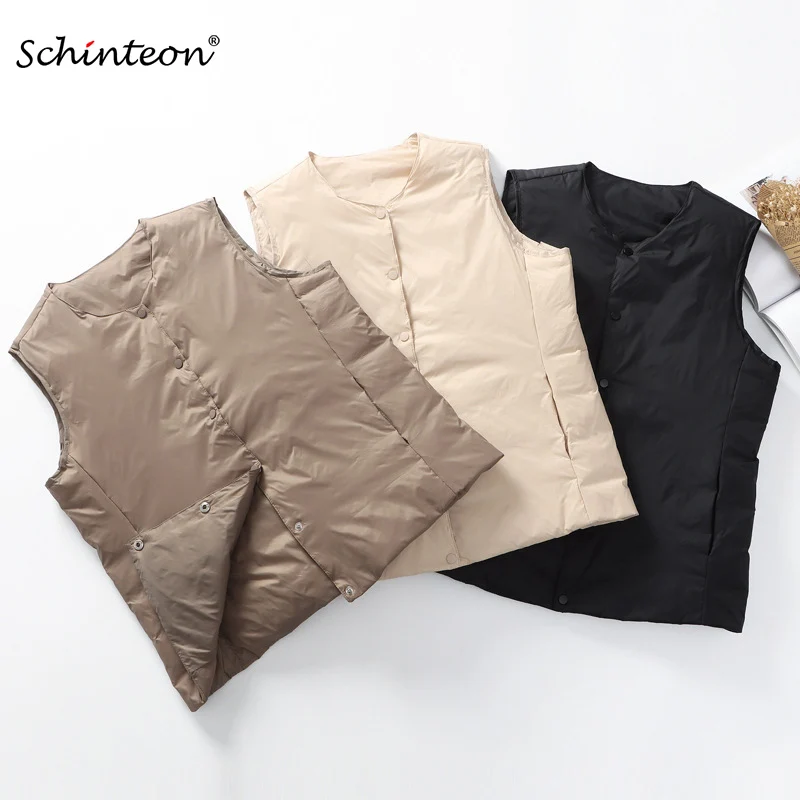 

Schinteon Women Ultralight White Duck Down Vest Sleeveless Jacket Collarless Autumn Winter Korean Style Short Liner Top 2026 New
