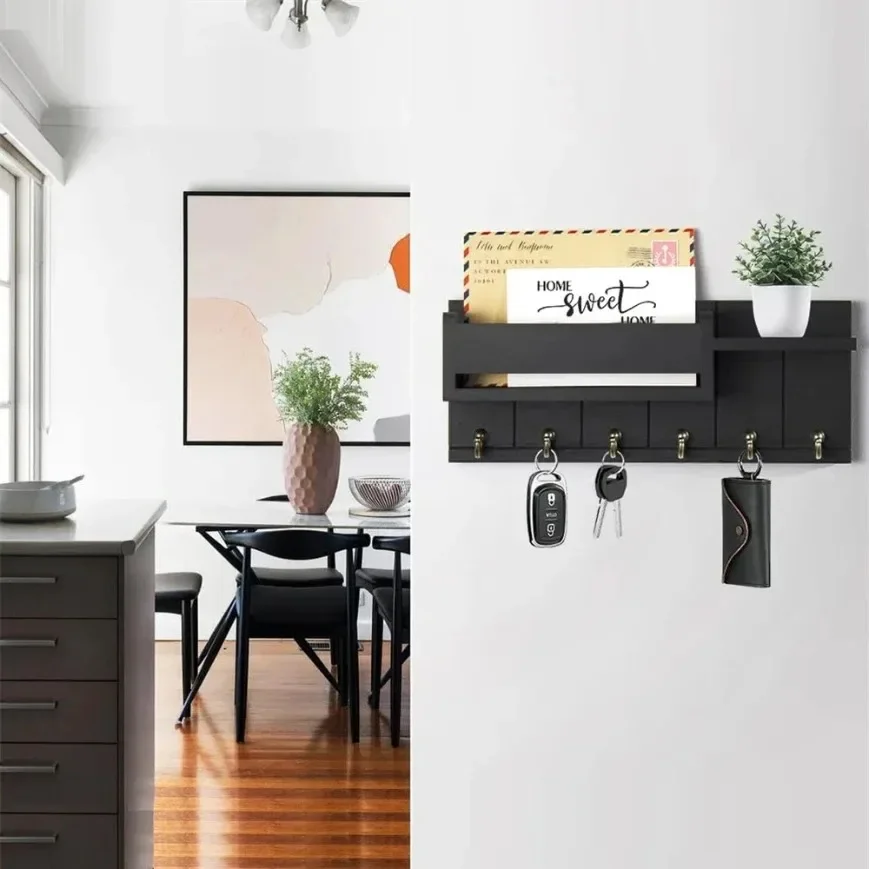 E5 Rustic Wood Key Holder with Shelf Wall Mounted Decorative Key Rack And Mail Organizer 6 Key Hooks for Living Room Entrance