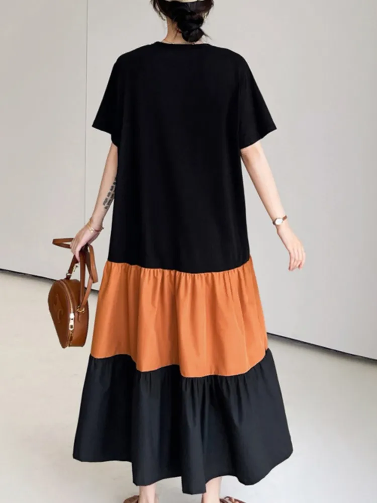 Summer Oversize Long Dress Women's Korean Loose Round Neck Short Sleeve Splicing Color Blocked Hem Large Size Dress