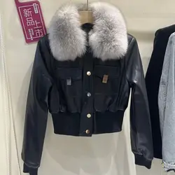 2023 New Big Fox Fur Collar PU Leather Coat for Women Fashion Short Jacket Coat Korean Motorcycle Leather Jackets Y4517