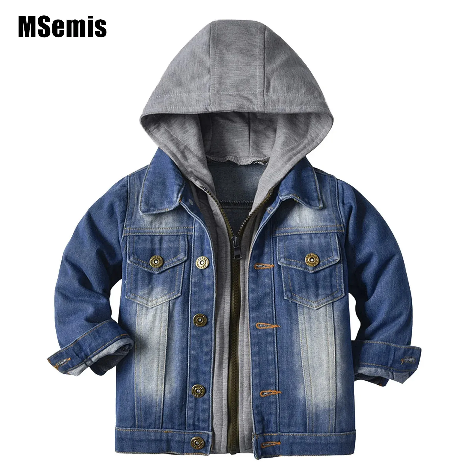 

Kids Boys Fake-Two Denim Coat Hooded Jacket Long Sleeve Zip-up Flap Chest Pockets Denim Jacket Top for Daily Wear