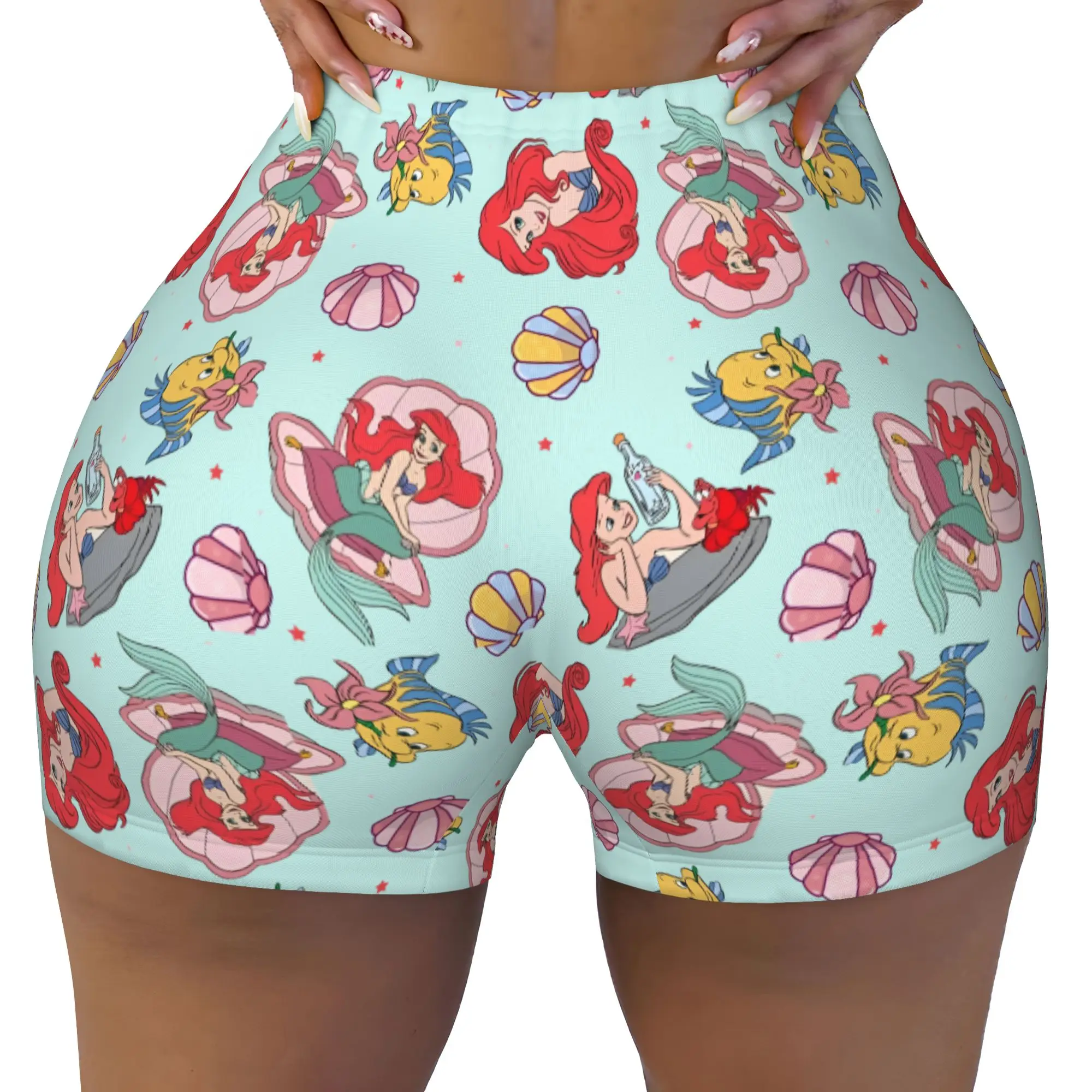 Custom Littles Anime Mermaides Workout Shorts Women's Fish Manga Gym Running Biker Yoga Shorts