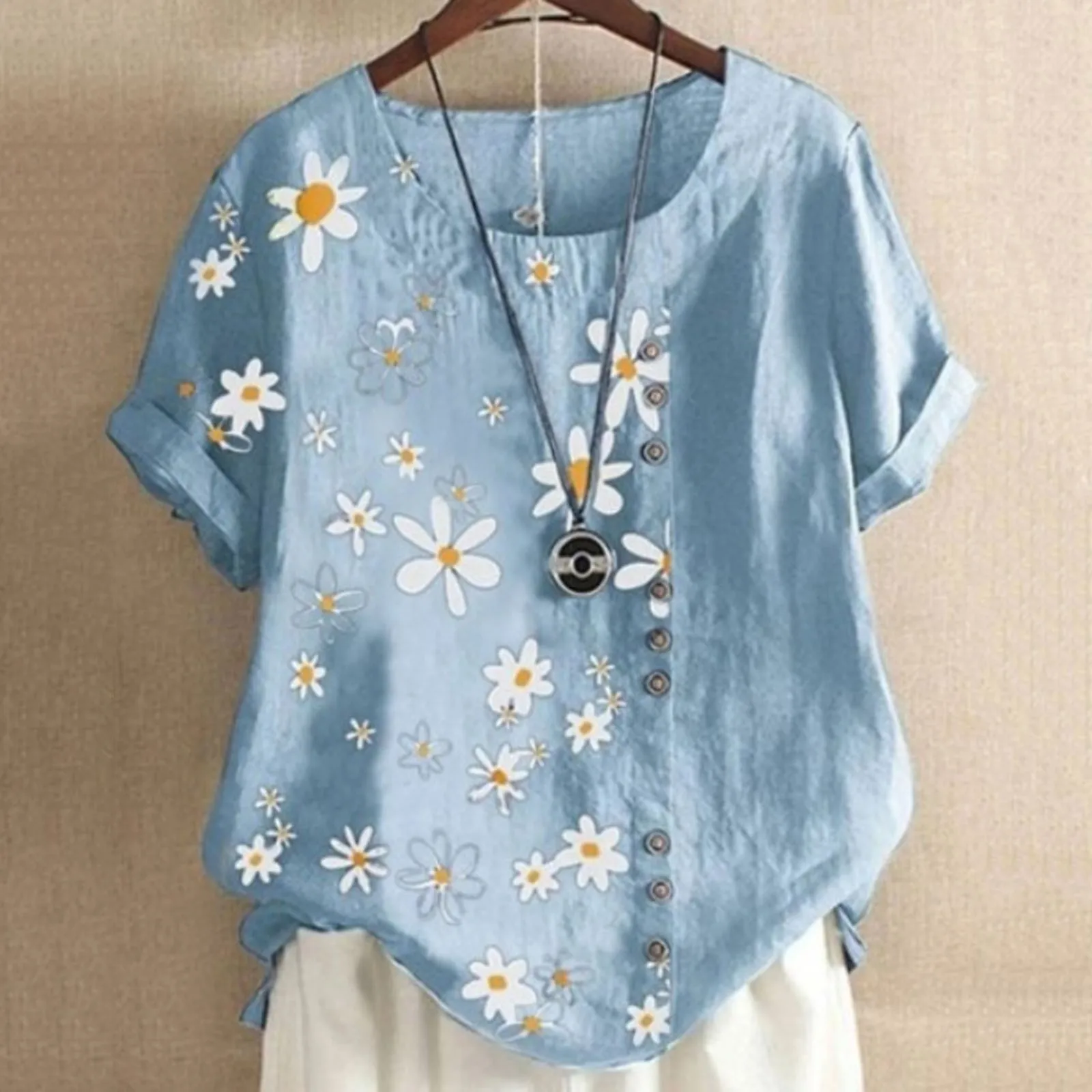 Summer Plus Size Linen Daisy Print Short Sleeve Blouses For Women Cotton Linen Tee Shirts O-Neck Loose Pullover Top Lady Clothes