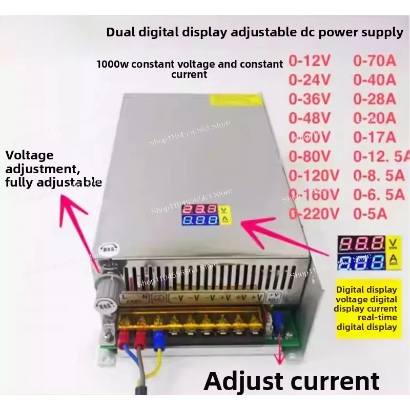 

1000W Digital Display Adjustable Power Supply, 0-48V/0-20A Range, Current-Limiting Protected Industrial SMPS