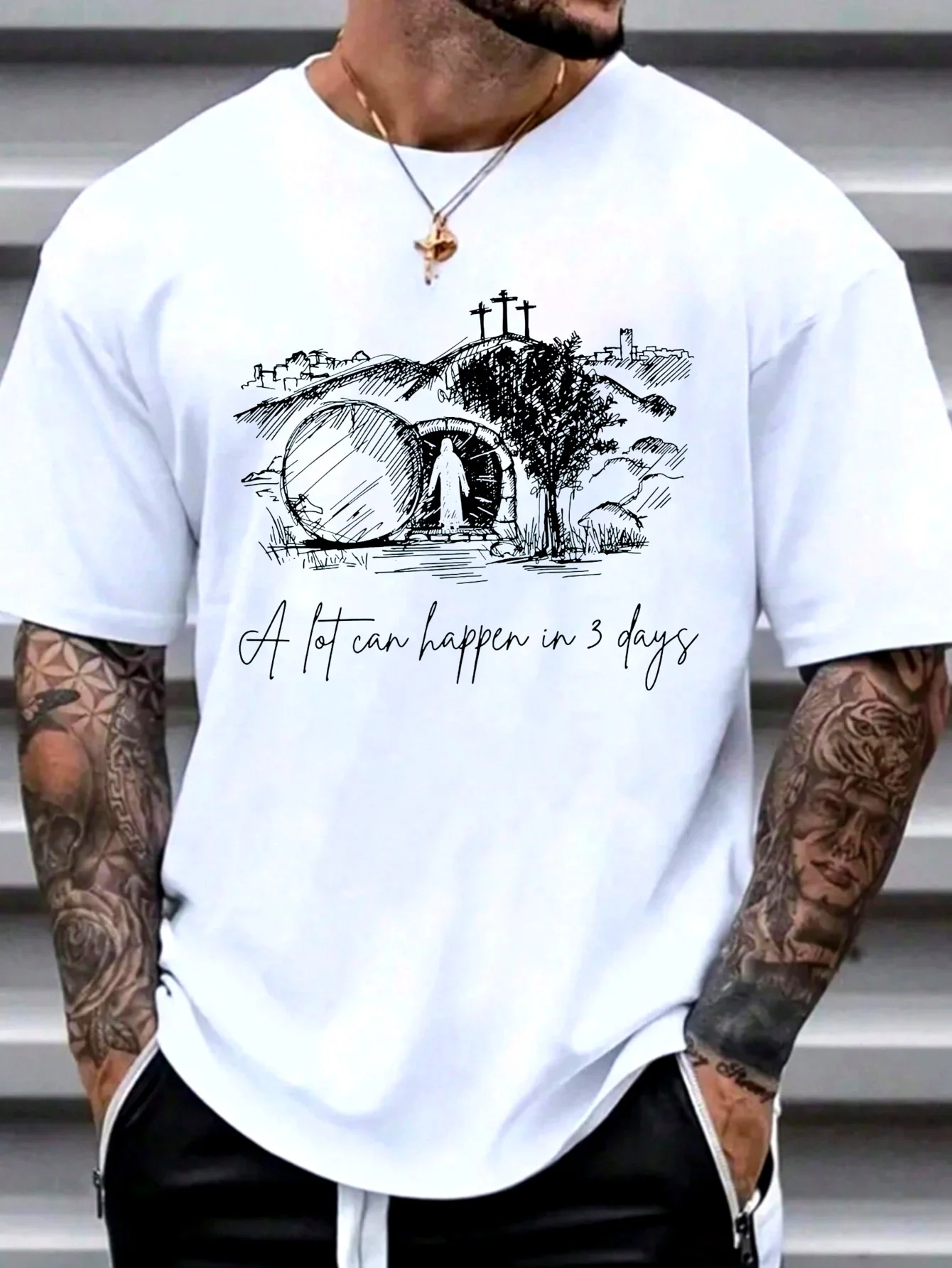Men's Religious Inspirational T-Shirt - A Lot Can Happen in 3 Days Bible Graphic Tee (Empty Tomb Design) - Lightweight Crew Neck Shirt for Easter, Everyday Faith -  Christian Apparel, Spiritual Wear, Comfortable Fit, Faithinspired