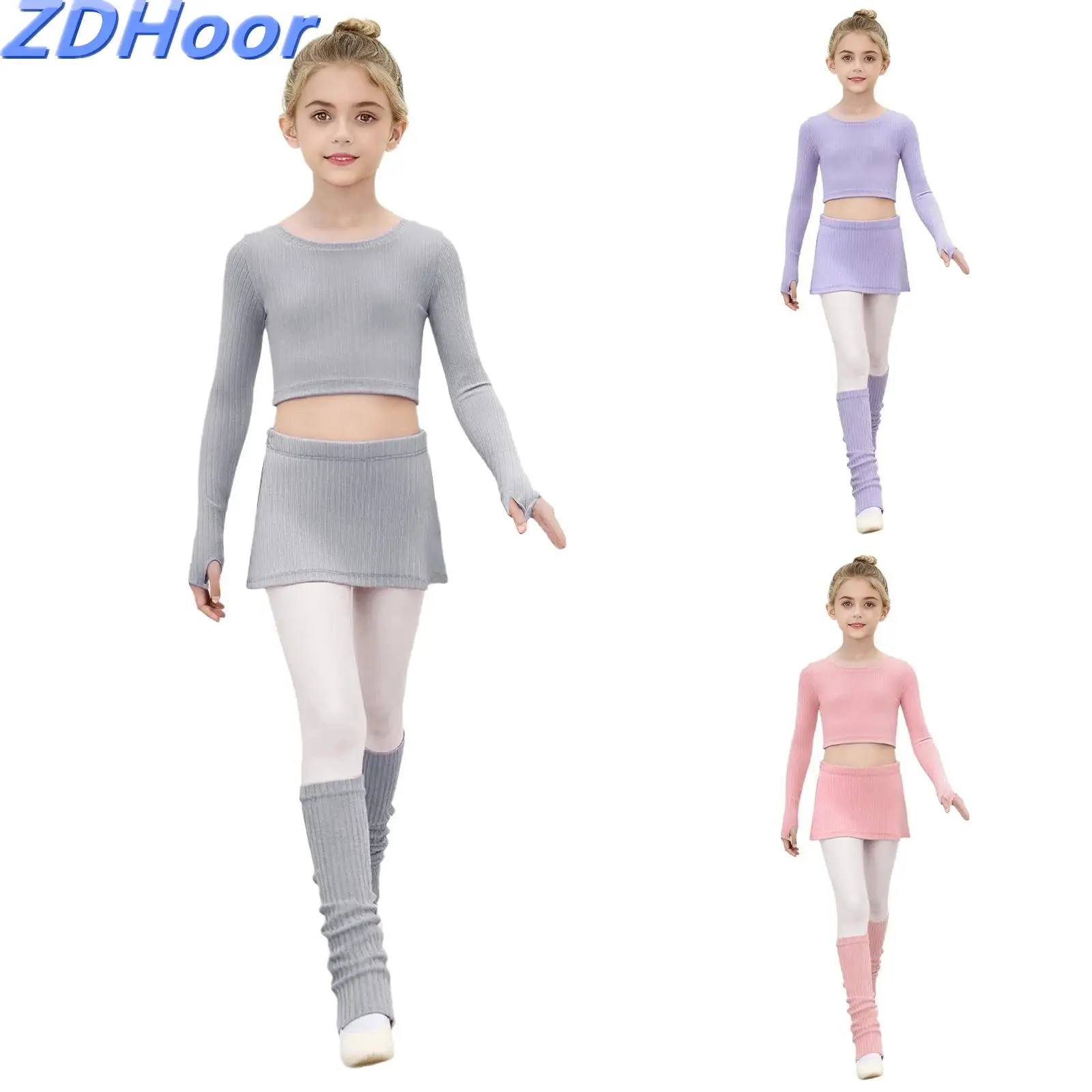 

Kids Girls Ballet Training Ribbed Outfit Long Sleeves Crop Top with Side Slit Skirt And Leg Warmers for Dance Costume