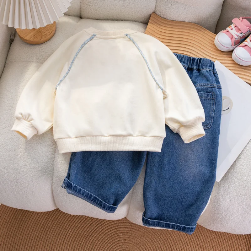 Kxkm-Children's Clothing2024Autumn Girls' Cute Rabbit Printed Sweater Puppy Embroidered Jeans Suit