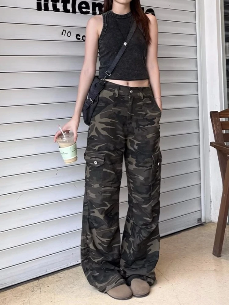 

Street Sle High Waist Loose Fit Women's Denim Work Pants Multi-ket Straight Leg Anti-Wrinkle Resistant Trousers