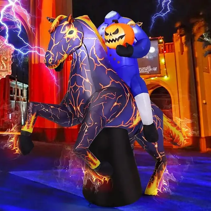 6 FT Długa Halloweenowa Nadmuchiwana Dekoracja Ogrodowa Bezgłowy Jeździec LED na Imprezę w Ogrodzie