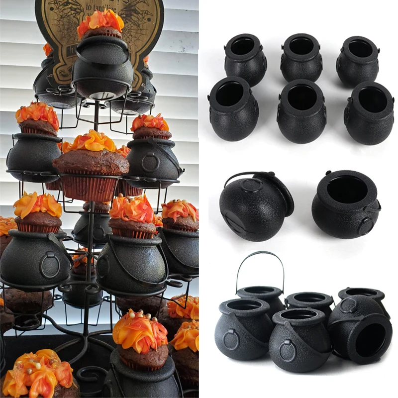 6/12pcs Mini Black Candy Kettles Witch Cauldron Pot Candy Buckets Holder for Kids trick or treat Favors Halloween Party decor