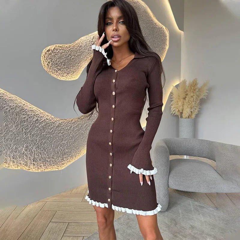 Sexy envoltório quadris vestido de malha moda feminina fungo mangas compridas único breasted bodycon vestido de festa streetwear feminino