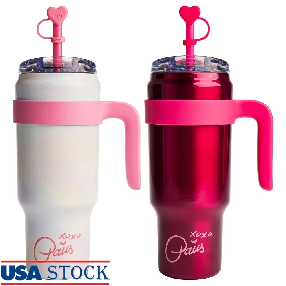 

40oz Stainless Steel Tumbler Set with Removable Handle Reusable Straw Flip-Top Lid Double-Wall Insulation Leak-Proof Travel Cups