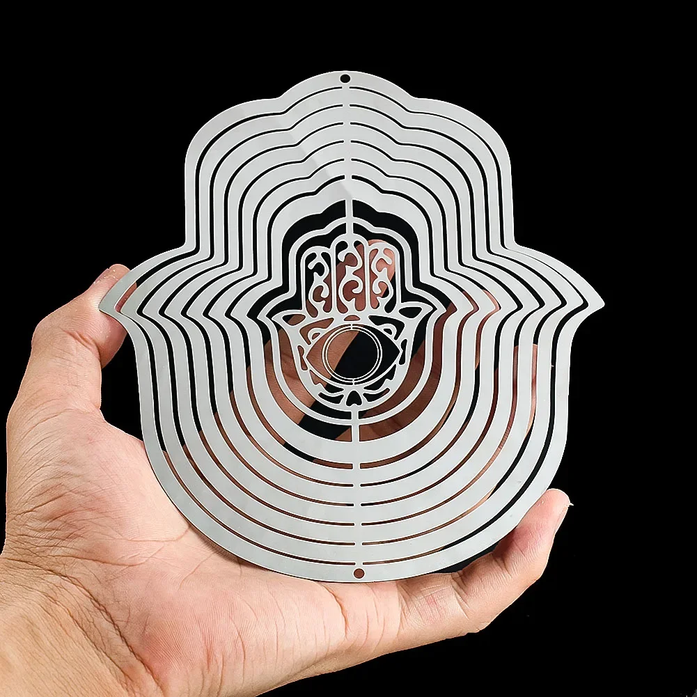 3D Rotating Wind Spinner Laser Cutting Stainless Steel Hand of Fatima Wind Chime for Garden Reflective Pendant Bird Repeller