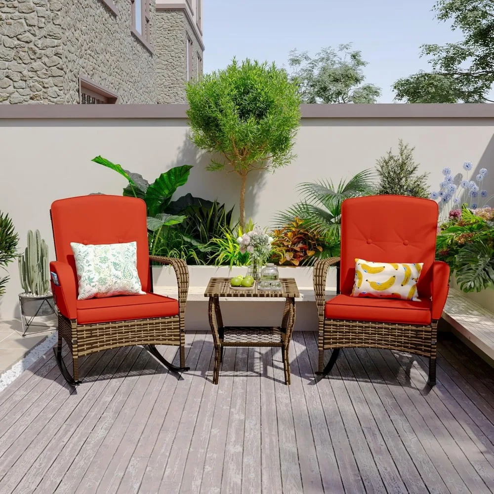 

MAXPRIME 3 Pieces Outdoor Wicker Rocking Chairs, Patio Rocking Chairs Set of 2 with Cushions, 3 Piece Patio Set, Outdoor Patio F