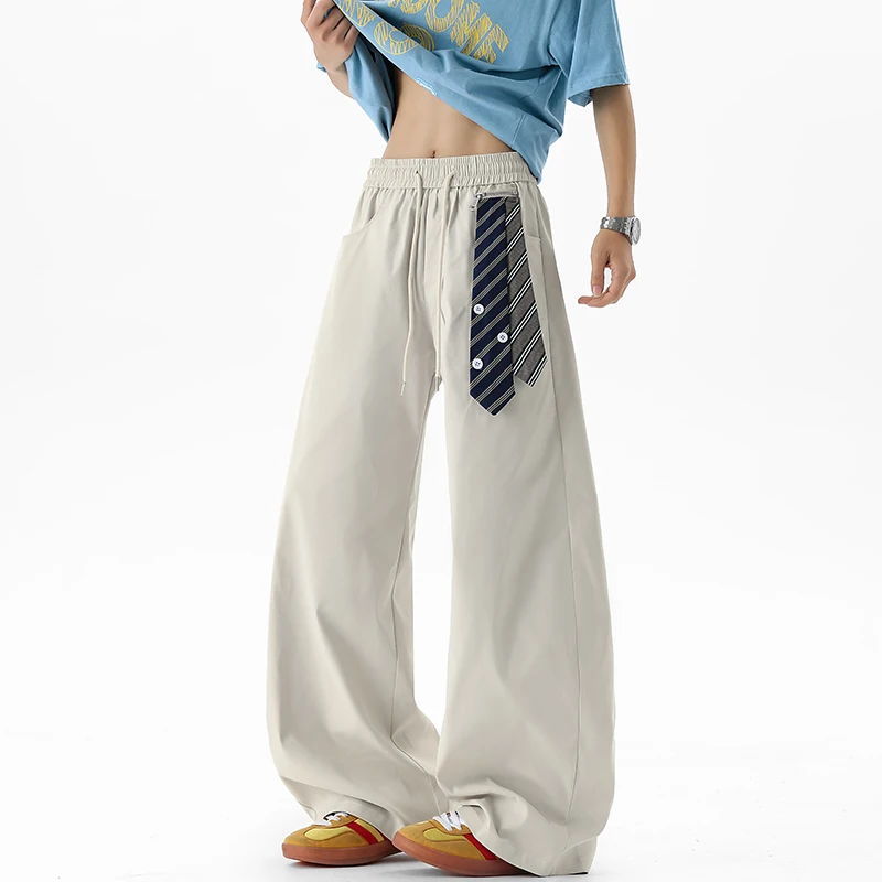 Detachable Tie Workwear Pants Men Autumn Elastic Waist Business Casual Pants for Men's Straight Wide Leg Scimitar Formal Pants