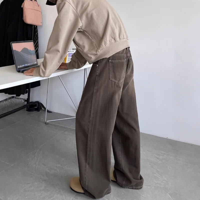 

Spring Autumn Vintage Jeans Men Distressed Relaxed Straight Wide Leg Casual Trousers Fashion Loose Solid Leisur Men Pants