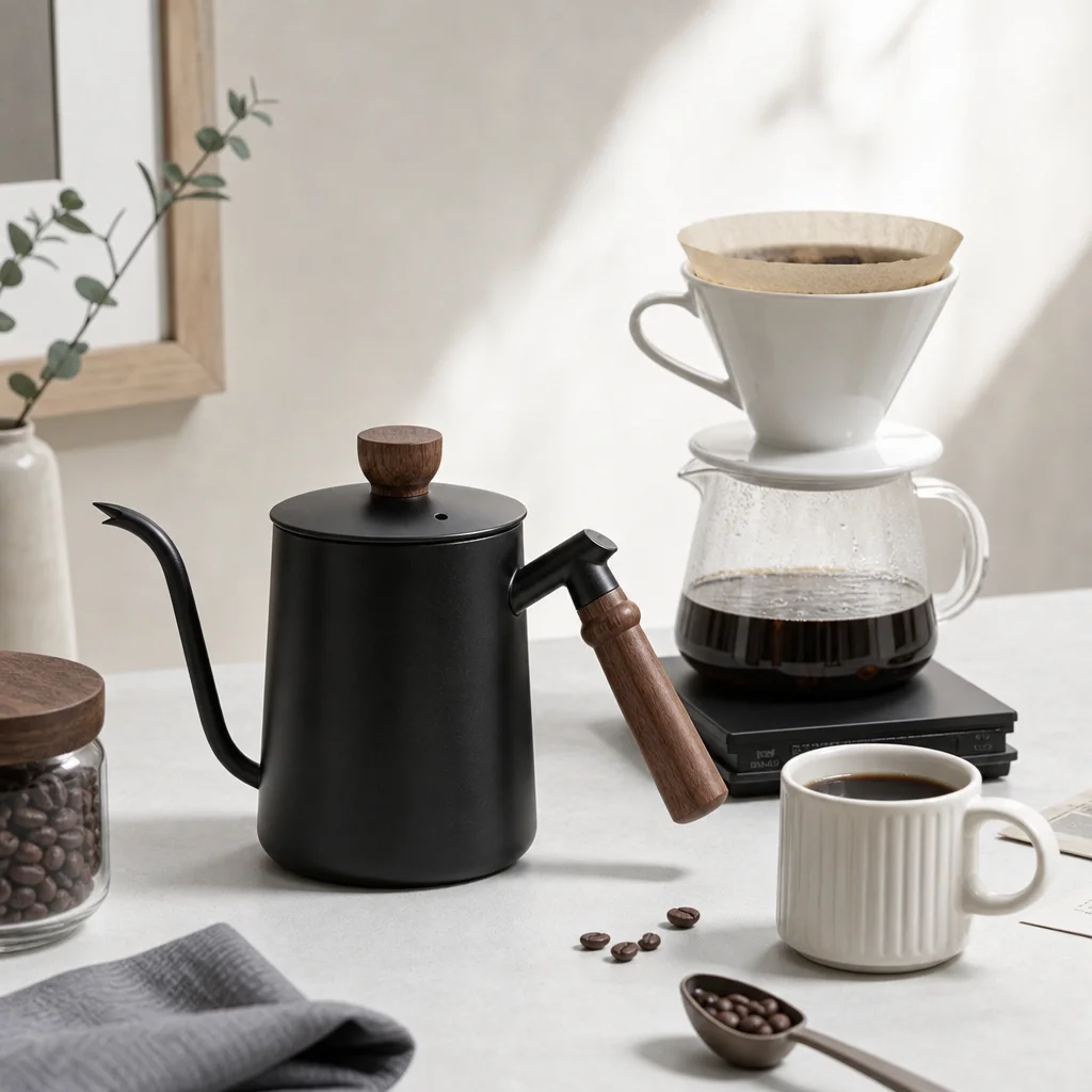 600ml 304 Stainless Steel Gooseneck Coffee Kettle Wooden Handle Pour Over Drip Pot With/Without Thermometer Hand Brew Pot