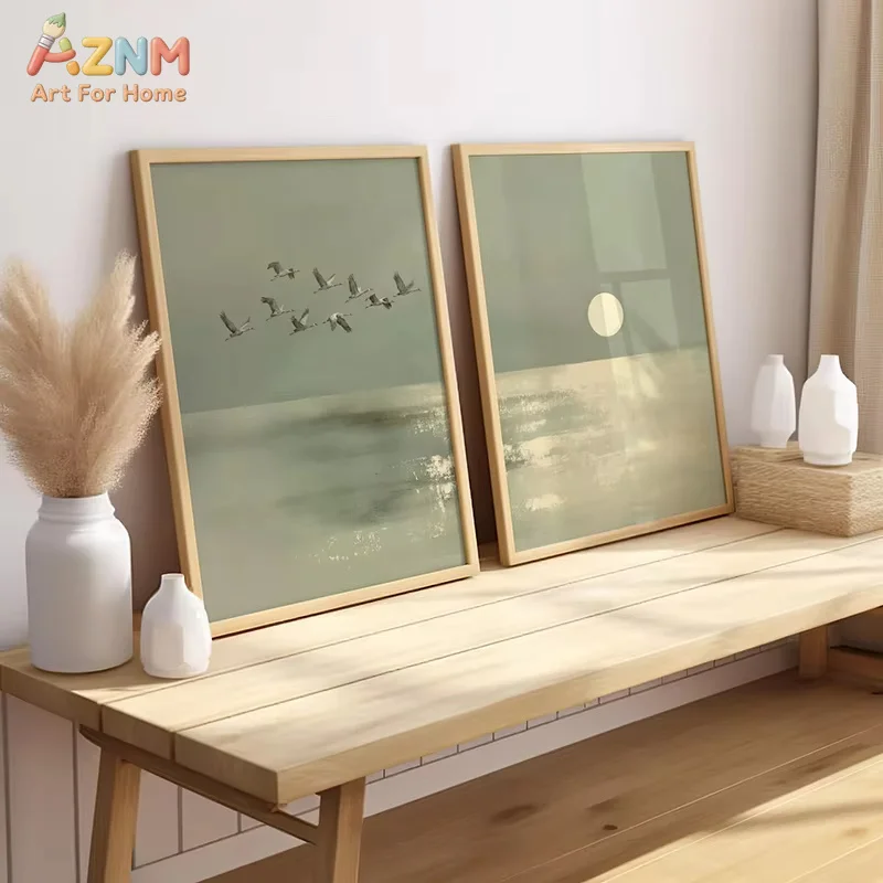 2-teiliges japanisches Wandkunst-Set mit 2 minimalistischen Postern in Salbeigrün mit Sonnenuntergang und Kranichen, asiatische Zen-Kunst-Leinwandbilder für die Raumdekoration
