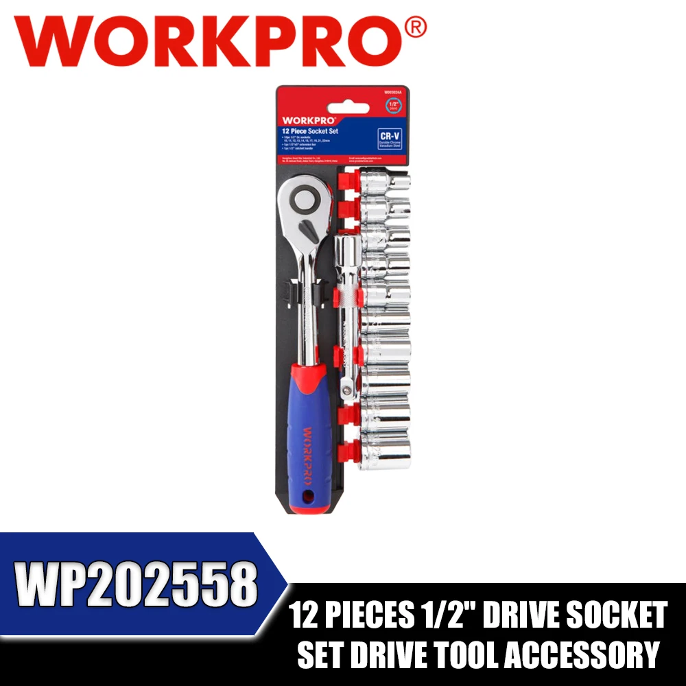 

WORKPRO WP202558 12 Pieces 1/2" Drive Socket Set Drive Tool Accessory