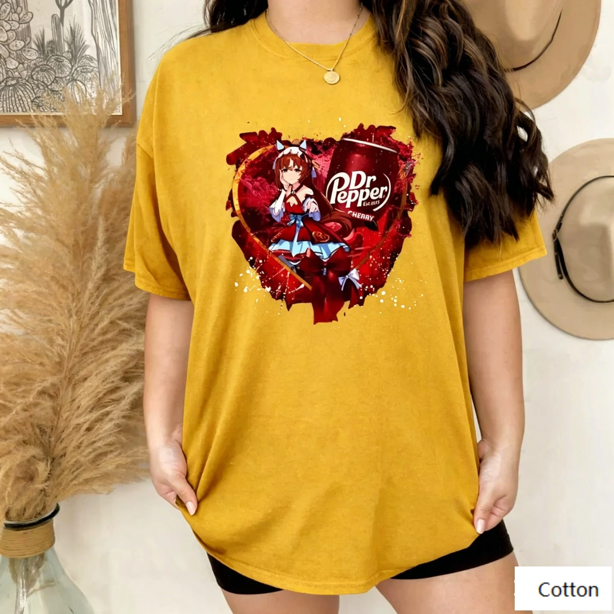 Dr Pepper Cherry Soda Anime Print Cotton T Shirt, Cat Girl Heart Graphic Unisex Tee, Soft Comfortable Neutral Tops