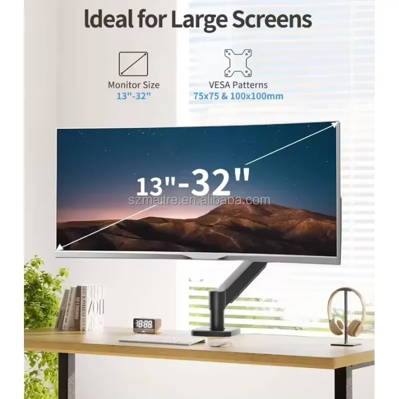 Adjustable Alloy Steel Monitor Arm Wall Mount Bracket for 13 to 32 Inch Screens 90 Degree Rotation Desktop Display Stand