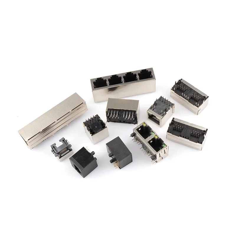 Conector RJ45 Newwork Interface, cabeça de cristal, blindagem luzes, PCB Ethernet, 90 graus, 8P8C