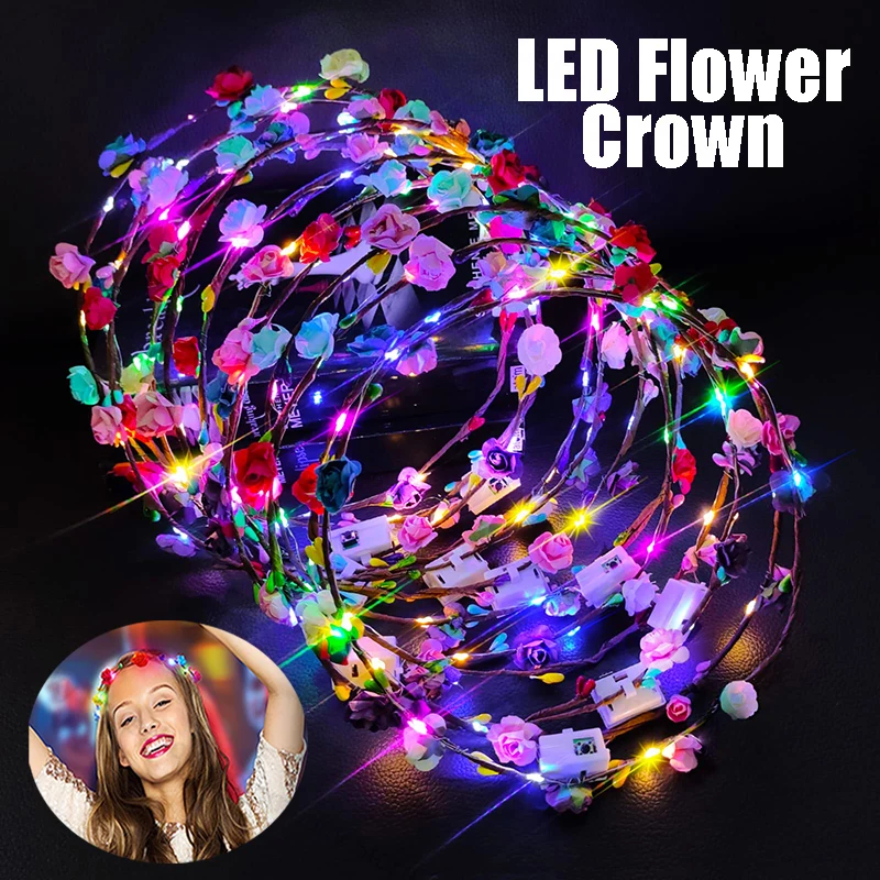 80-5Pcs LED Flower Crowns Light Up Headbands for Women Glowing Floral Wreath Crowns Girls Hair Crowns Glow in the Dark Supplies