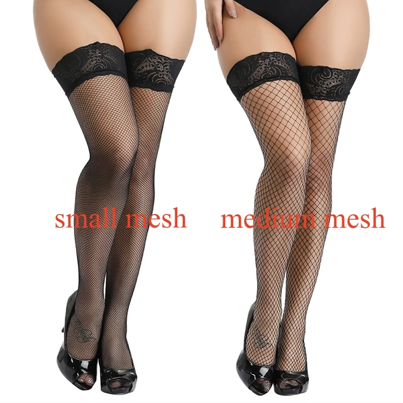 Black White Red Lace Top Silicone Hold Up Thigh High Stockings Women Sexy Fishnet Transparent Lingerie Hot Pole Dance Clubwear