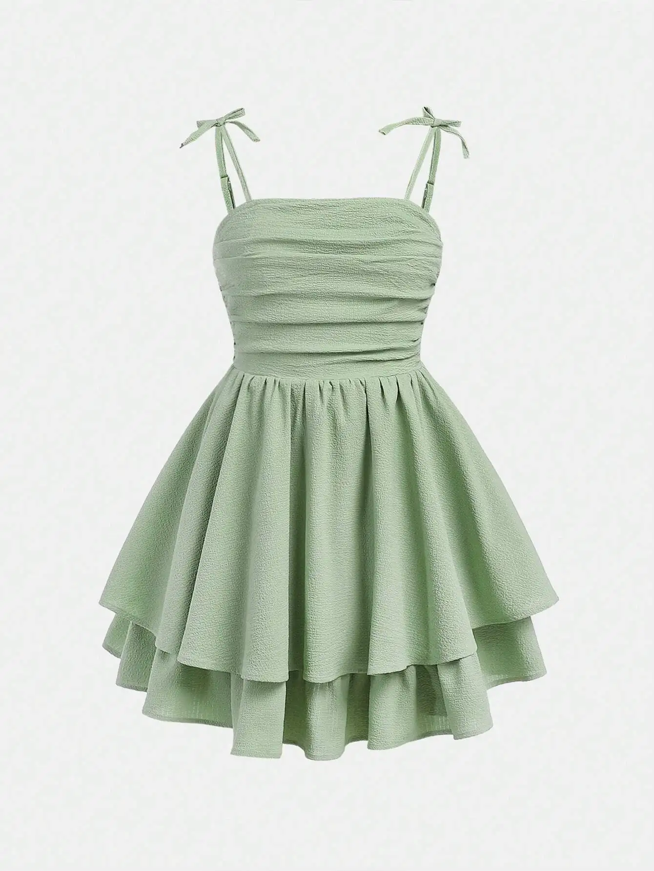 

Mint Green Ruched Strap Dress with Tiered Skirt for Teen Girls